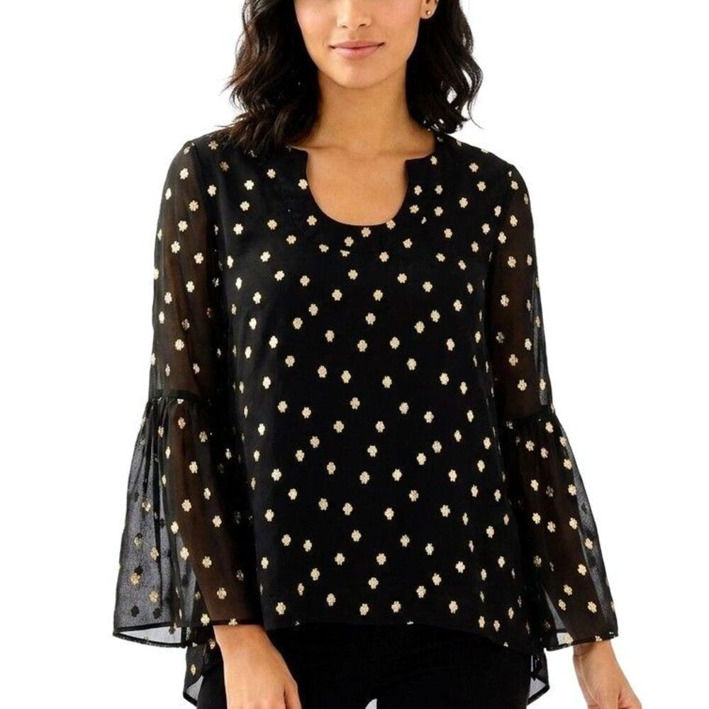 LILLY PULITZER Blouse Amory Top Chiffon Black/Gold Metallic Women XS Extra Small